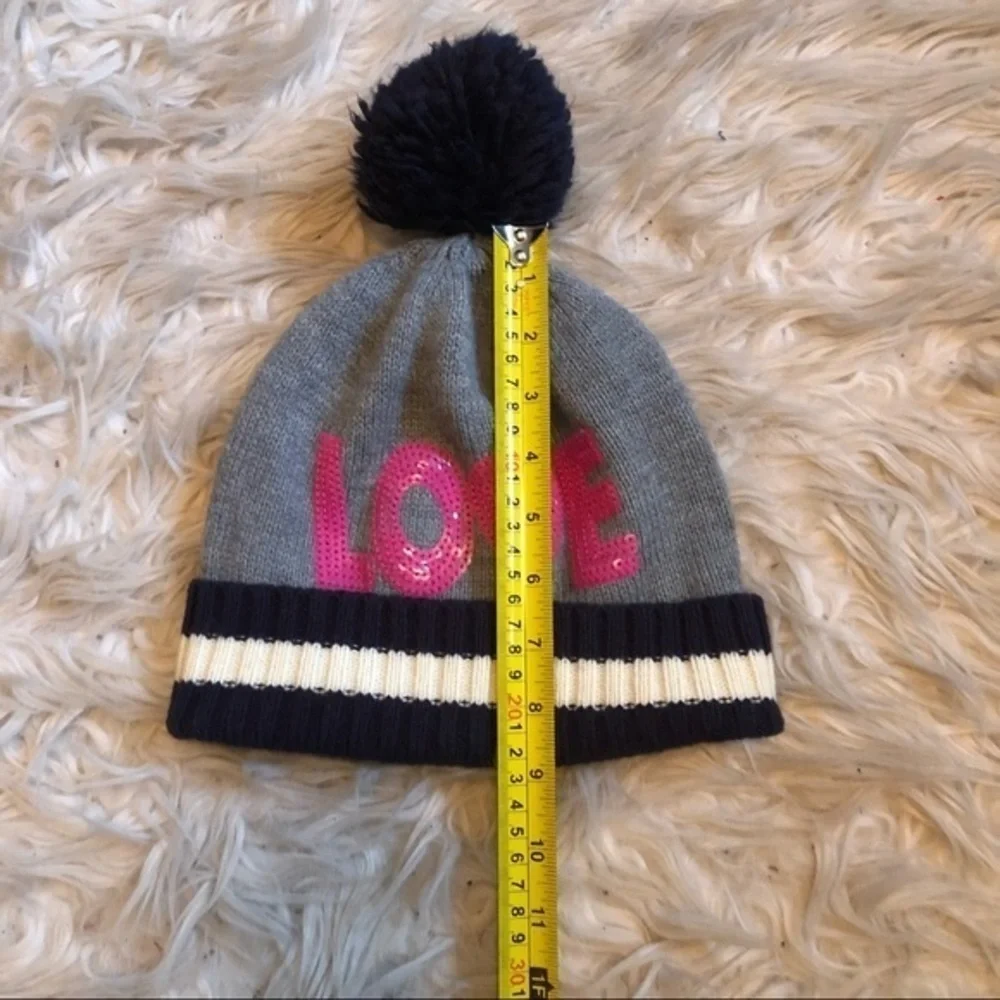Gap kids gray with pink “Love” hat with Pom Pom on top sz s/m